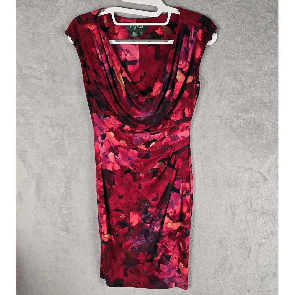 Lauren Ralph Lauren Size 4P Red Multi Color Dress, Lined Thick Fabric No Wrinkle